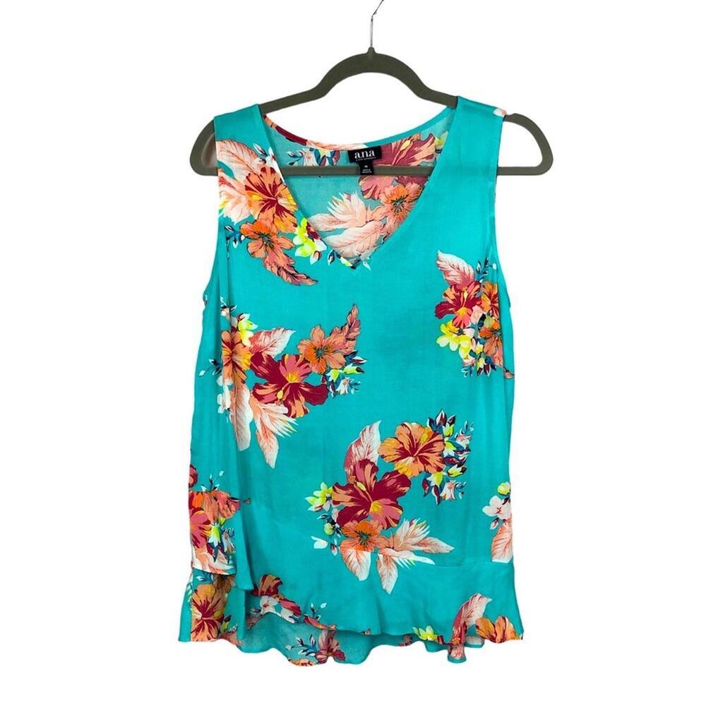 A.N.A Women’s Top Sleeveless Floral Tank Ruffle Pull Over Loose Fit V Neck Tunic